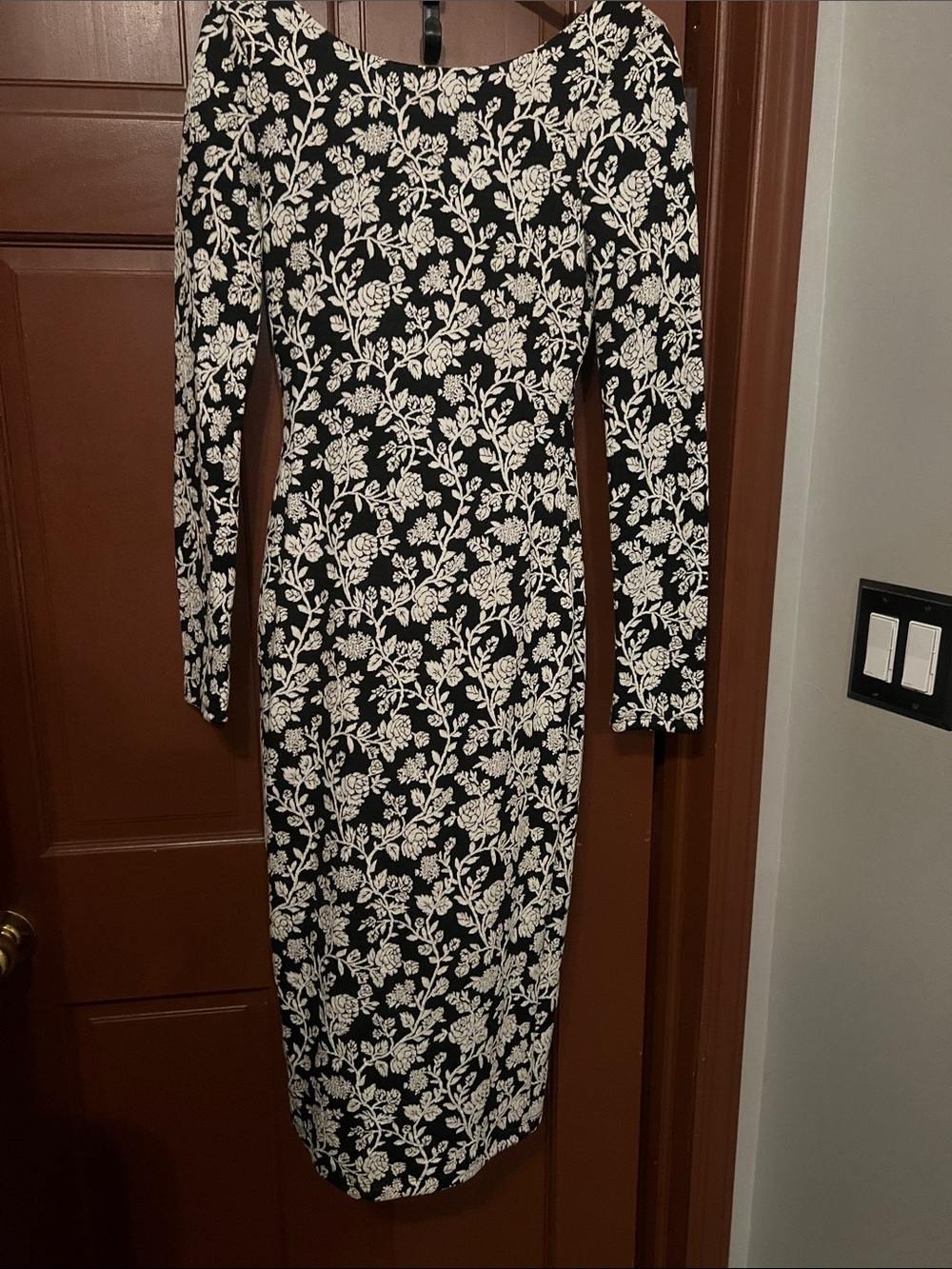 Long-Sleeve Black Dress with Cream Floral Print